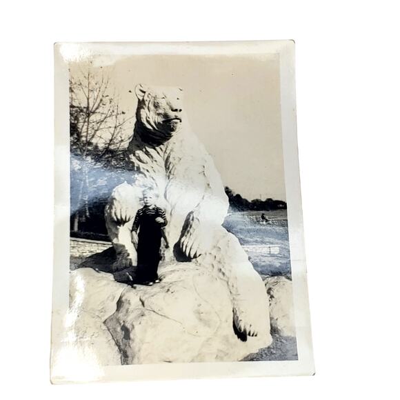 Vtg Boy Short Faced Bear Statue B&W Monochrome Photo 1940s Found Snapshot - Picture 1 of 4